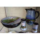 Four Torquay pottery Lemon and Crute items, overall decorated with landscape scenes and horses to