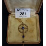 A 9ct gold blue stone and pearl Edwardian pendant. 5.2g approx. (B.P. 21% + VAT)