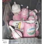 Box of continental pink ground souvenir ware, jugs, miniature teapots, cabinet plates etc. (B.P. 21%