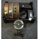 A box of vintage scientific instruments to include; precision weights, laboratory test sieve x 3,