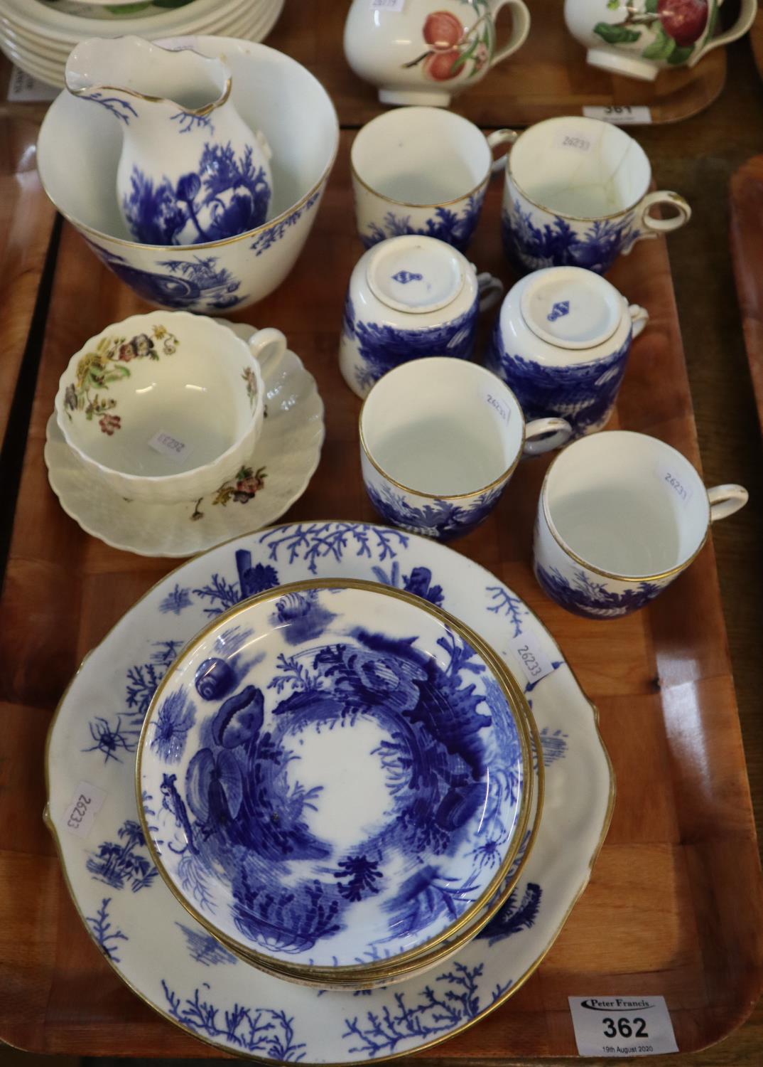 Tray of Victorian blue and white transfer printed nautical design teaware to include; cups, saucers,