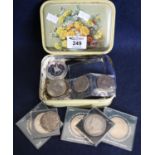 Small tin box of assorted QEII GB crowns and other coins. (B.P. 21% + VAT)