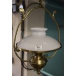 Early 20th Century glass oil burner hanging lamp with opaline glass shade. (B.P. 21% + VAT)
