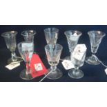 A collection of small Georgian wine glasses of etched, conical and other forms. (8) (B.P. 21% + VAT)