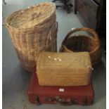 Wicker single handled picnic basket, together with a wicker lidded laundry basket, another wicker