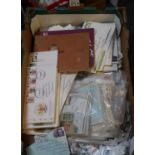 Tray of all world stamps in three small books, covers, GB first Day covers, mint issues on cards etc