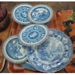 Tray of 19th Century blue and white transfer printed pottery plates to include; Wedgwood and