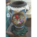 19th Century porcelain two handled oil lamp base with metal mounts and base, the central panel and