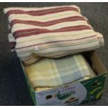 Three vintage woollen blankets, one striped with fringed edge, one check and one plain cream. (3) (