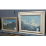 E.M Vale (20th Century British), alpine landscapes, two similar, one signed, oils on board. 26 x