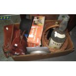 Box of assorted items to include; leather satchel, vintage bowler hat, Bell's old Scotch whisky,