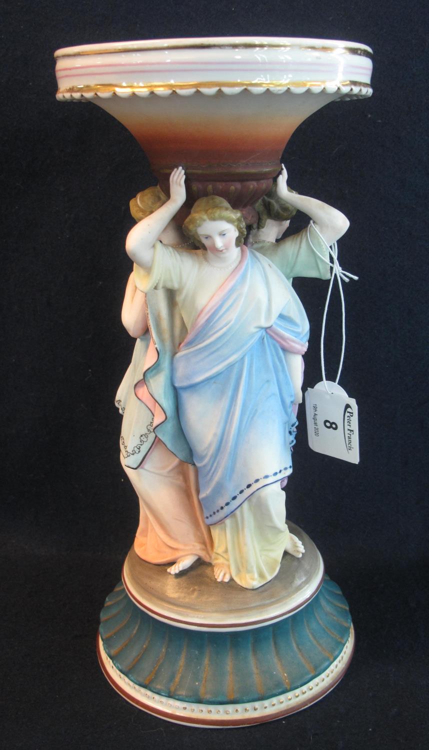 Mid Victorian coloured bisque porcelain table centrepiece comprising three Greek maidens, indistinct