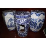 A pair of Chinese porcelain blue and white hexagonal garden seats decorated with rectangular