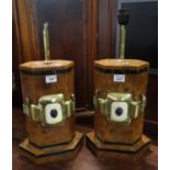 Pair of Art Deco style geometric burr wood standard lamps with brass finish mounts and central