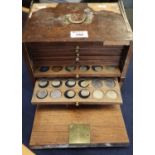 19th Century mahogany coin collectors box in distressed condition containing a collection of