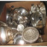 Box of assorted silver plate, various to include; teaware, bon-bon dish, candelabra, entree dish,