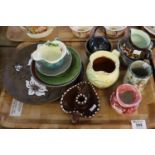 Tray of assorted pottery items to include; floral cabinet plate, jugs, heart shaped chamber stick