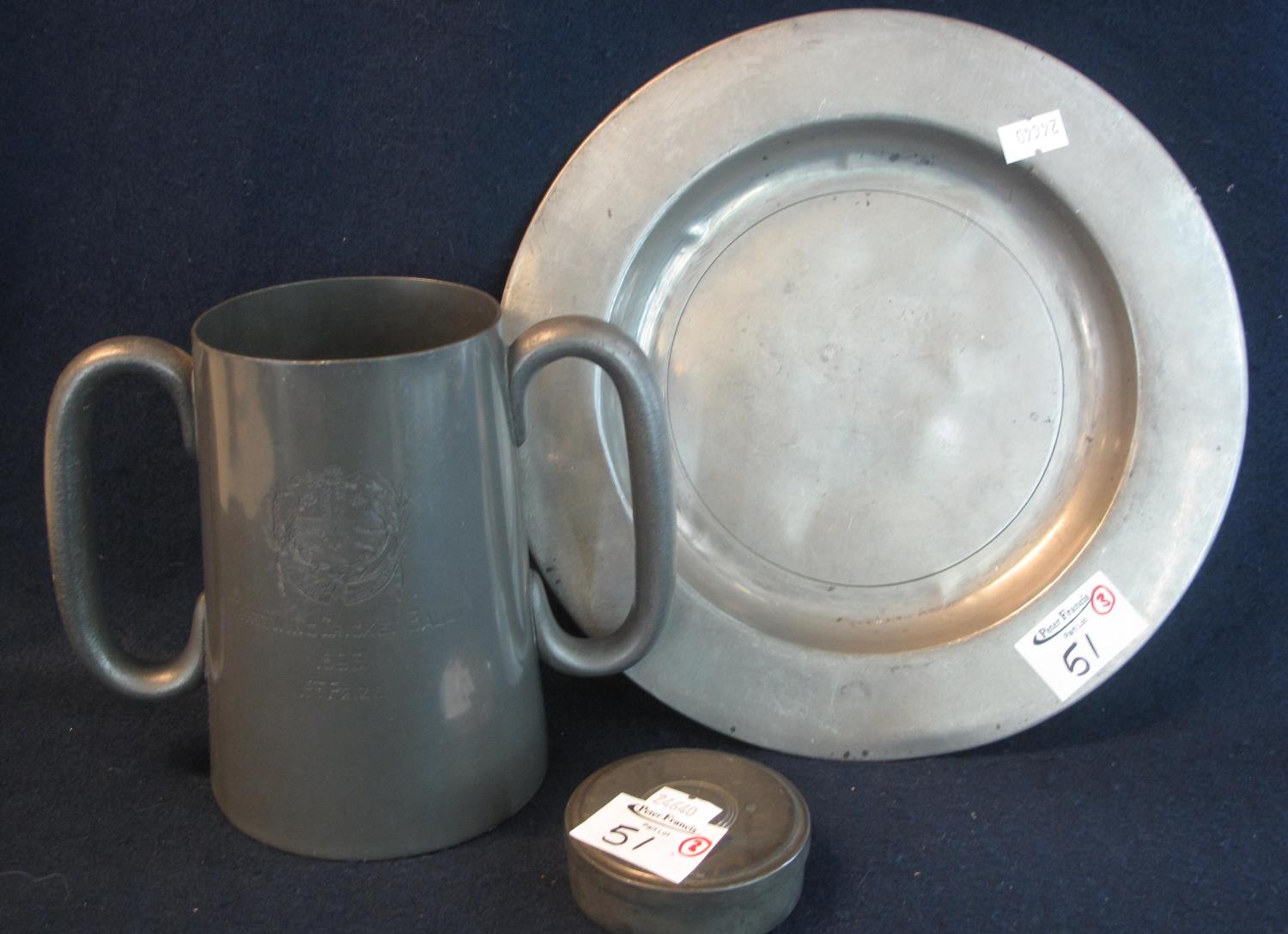 18th Century style pewter plate, a pewter tapering straight sided two handled presentation tankard