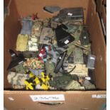 A box containing model tanks and airplanes including; a Super marine Spitfire, Jeep etc. (B.P. 21% +