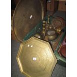 Box containing Middle Eastern design brass items to include; trays, bowls, brass candlesticks,