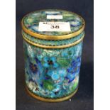 Cloisonne enamel oriental straight sided cylindrical box and cover, overall decorated with flowers