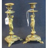 Pair of 19th Century yellow metal, possibly bronze figural classical design candlesticks with
