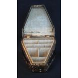 Small Victorian papier mache triangular shaped stationery box with hinged cover to the fitted