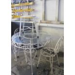Wrought iron circular garden table with glass top, together with four matching garden chairs. (5) (