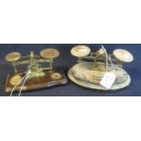 Two sets of brass letter scales, on wooden bases with brass weights. (2) (B.P. 21% + VAT)