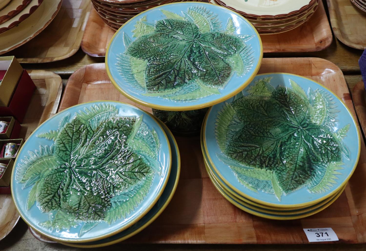 Tray of Victorian George Jones majolica chestnut dessert plates and two tazzers. Victorian lozenge