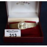 Rotary 9ct gold ladies bracelet wristwatch having rectangular face with baton numerals. Original