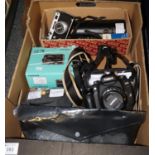 Box of assorteed cameras and equipment to include; Fujifilm JX500, Russian Zorki 6, Eos 30V, Olympus