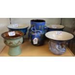 Five Torquay ware Lemon and Crute pottery items, to include; pedestal bowls and a baluster vase,