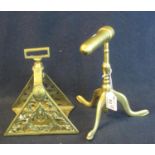 Brass gophering stand on triform base, together with a foliate design brass stirrup. (B.P. 21% +