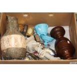 Box of oddments to include; odd pieces of silver, pottery, glass, table lamp, brassware, paperweight