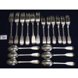 Collection of fiddle pattern silver cutlery to include; six dinner forks, six dessert forks and