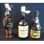 Three bottles of whisky to include; Seagram's 100 Piper's deluxe Scotch whisky, Cutty 12 and Hague
