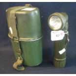 Aluminium military flask with integral cup and webbing, together with similar hand torch 5A/