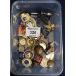 Small box of trade union pin badges and buttons, model road signs etc. (B.P. 21% + VAT)