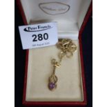 A 9ct gold amethyst pendant on chain, 4.2g approx. (B.P. 21% + VAT)