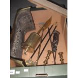 Box of brass to include; bottle jack, pair of candlesticks, companion set items etc. (B.P. 21% +