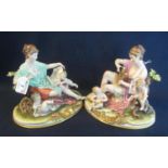 Pair of Capodimonte Italian porcelain figure groups depicting, women and putti's on naturalistic