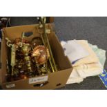 Box of assorted brass and copper wares, various to include; candlesticks, companion set, copper