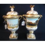 Pair of well gilded Coalport lidded eagle urns commemorating the Bi-Centenary of John Constable