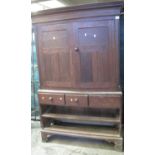 19th Century stained oak Welsh press cupboard with moulded dental cornice, two blind panelled
