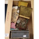 Box of assorted cigarette cards, silks, various, a tin box of mainly GB pennies, various and a small