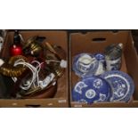 Two boxes of china, metalware and other items, various to include; various blue and white plates,