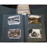Postcard album with selection of military cards and range of Welsh cards and shoebox of foreign