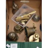 Box of assorted metalware, various to include; hand bells and other bells, Acme city whistle, pen