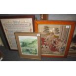 Group of assorted furnishing pictures to include; Berlin woolwork, tapestry sampler, coloured